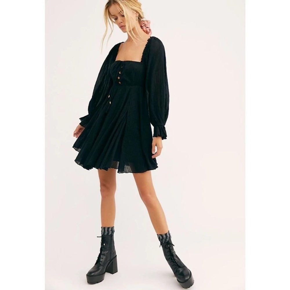 Free People Black Boho Peasant Mini Dress Long Sleeve Tassel Detail Size XS‎